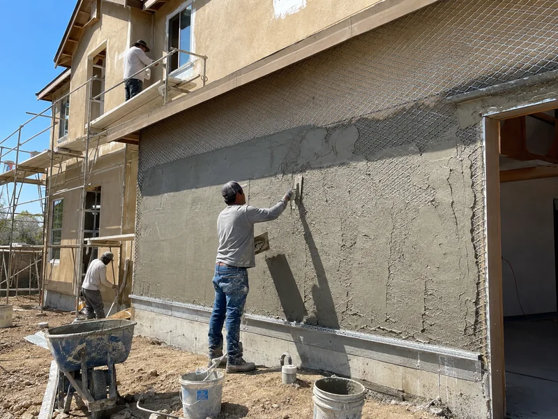 Stucco crew applying a scratch coat over lath on a home under construction