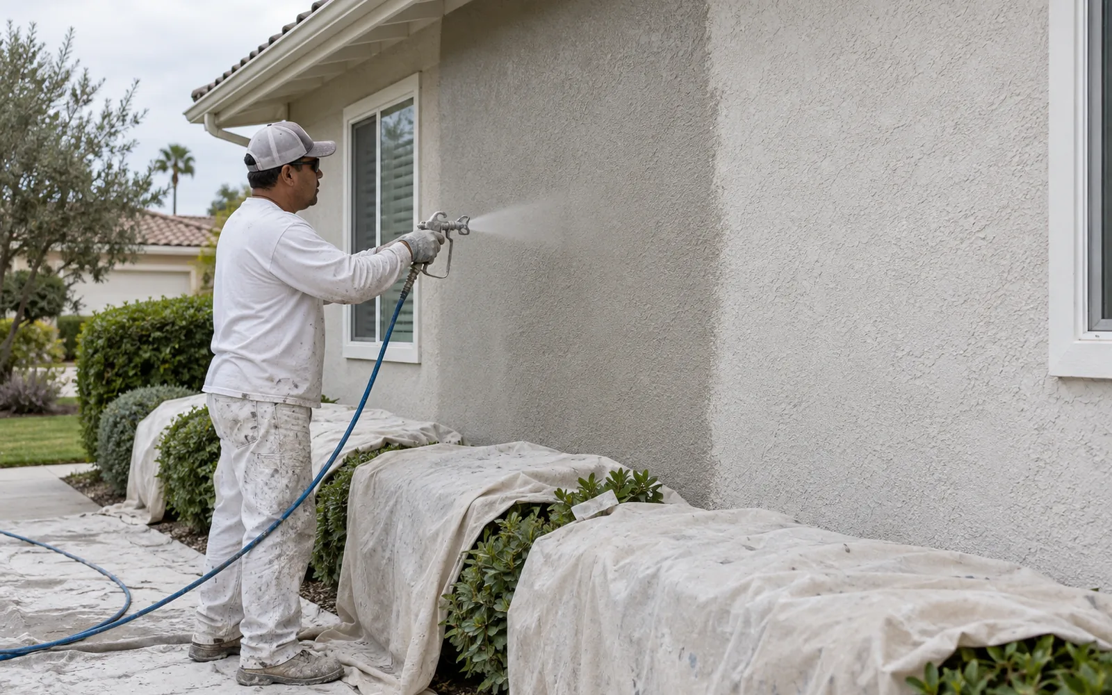 Worker spraying coating onto a house wall over drop cloths