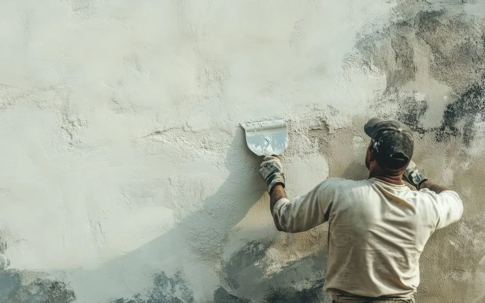 Worker troweling fresh material over a water-stained wall
