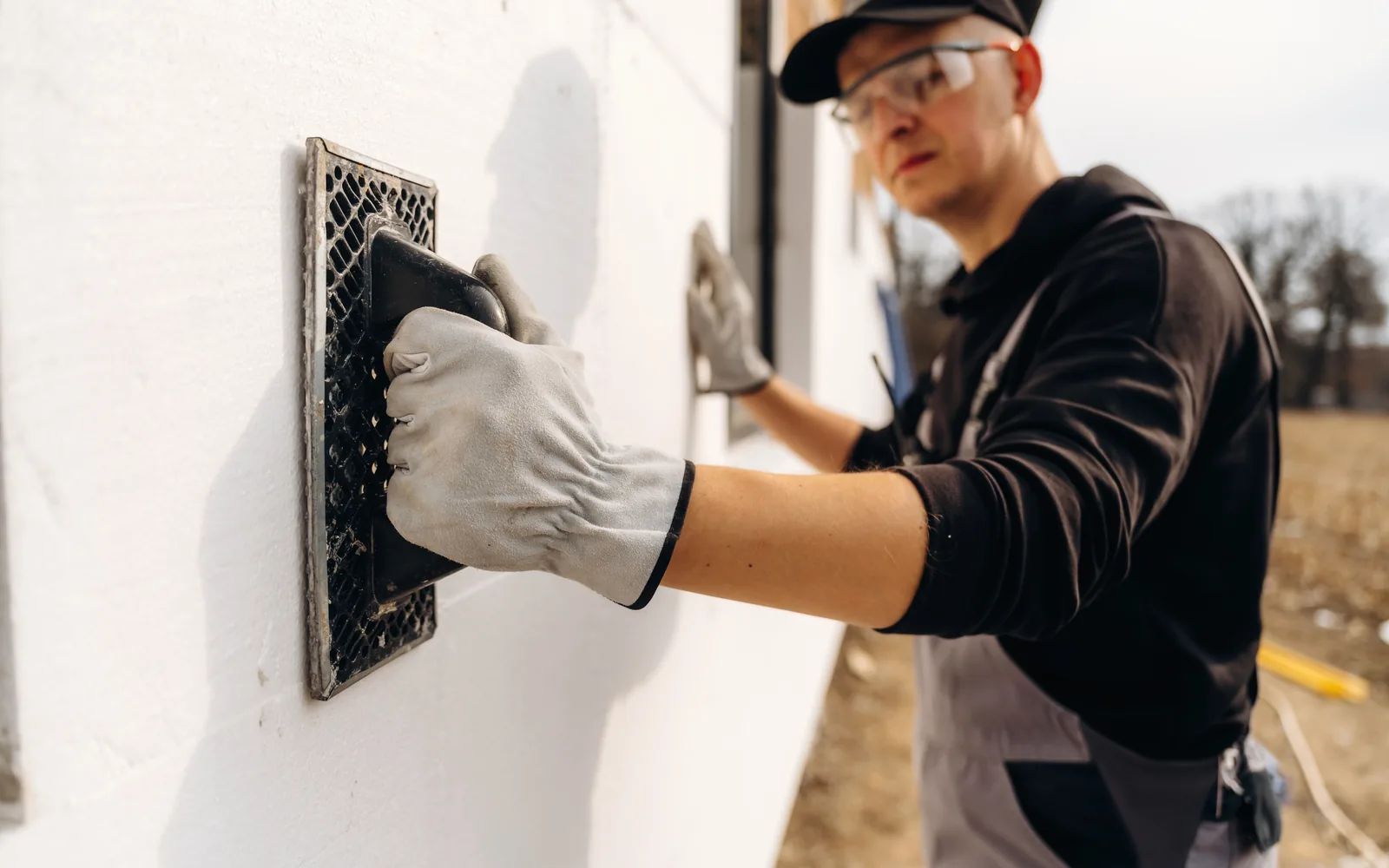 Gloved hand drawing a float across a white stucco wall