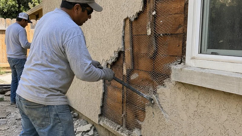 Removing failed stucco to expose the lath for replacement