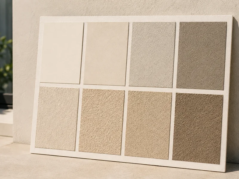 Stucco finish and color samples on a sample board